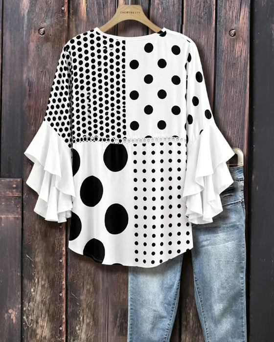 Bluse Gemischtes Pünktchen Patchwork Rüsche