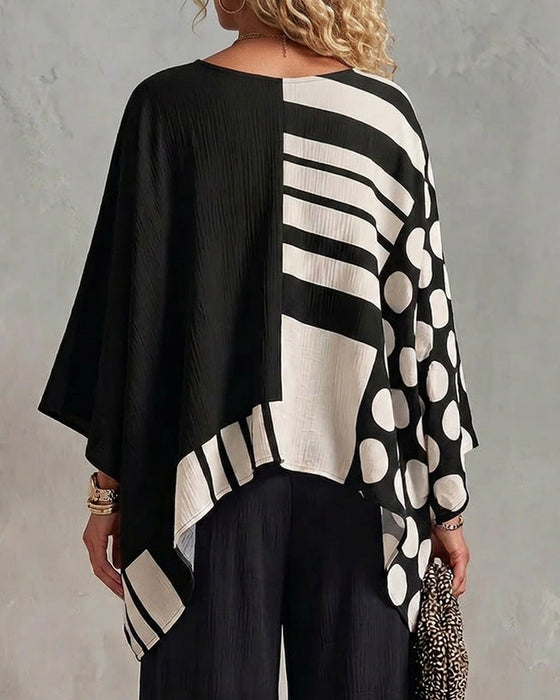 Bluse Polka Dot Streifen Patchwork V Ausschnitt