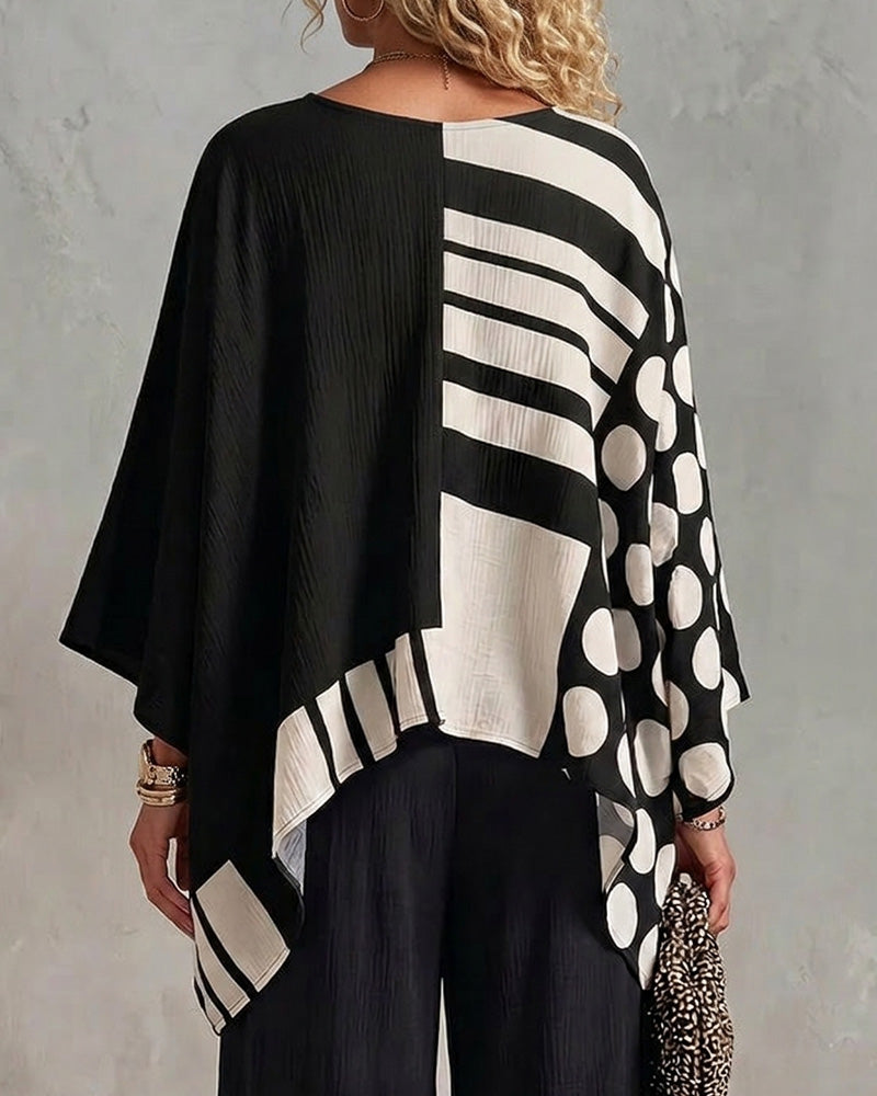Bluse Polka Dot Streifen Patchwork V Ausschnitt