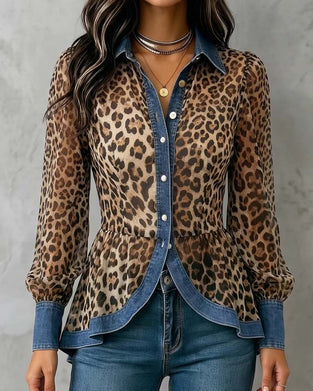 Bluse Denim Leopard Patchwork Tailliert