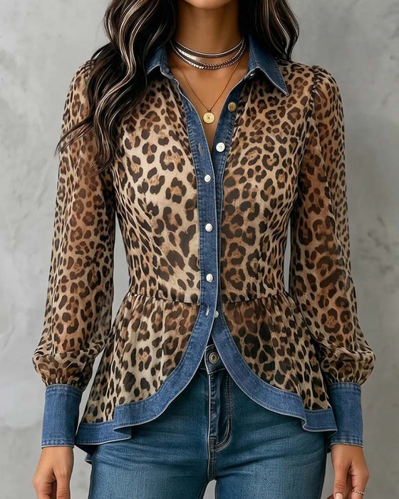 Bluse Denim Leopard Patchwork Tailliert