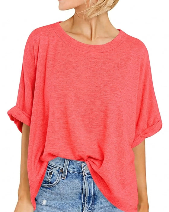 T-Shirt Drop Schulter Rollter Saum Kurzarm