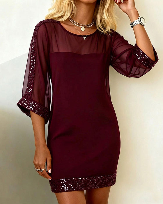 Kleid Glitzer Eingefasst Mesh Rundhalsausschnitt
