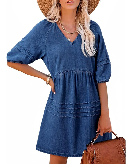 Kleider Denim V-Ausschnitt Puff Ärmel