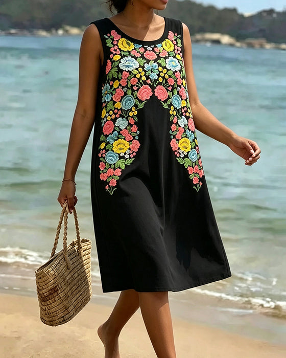 Kleid Bunt Blumen Ärmellos