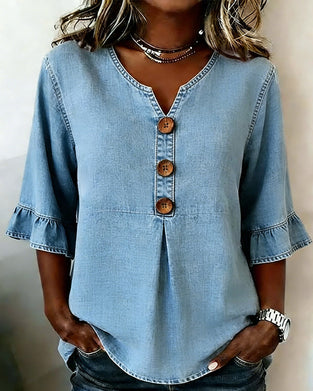 Bluse V-Ausschnitt Ausgestellter Ärmel Denim