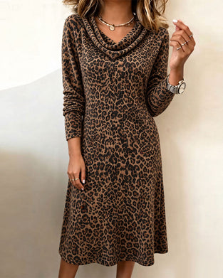 Kleid Slouchy Mock Neck Leopard Langarm