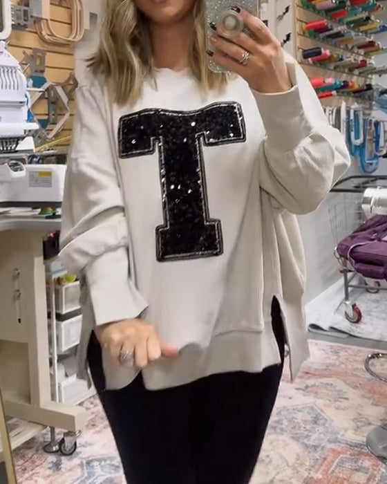 Sweatshirt T-Design Pailletten Bestickt Rundhals