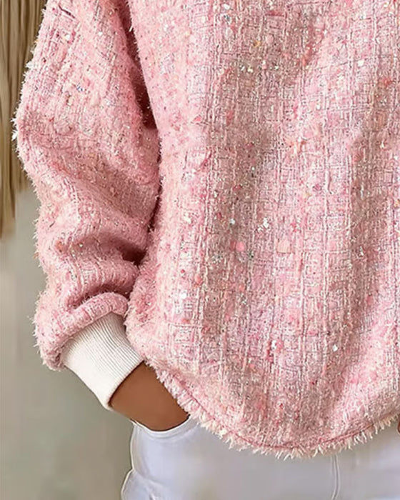 Sweatshirt Tweed Henley-Kragen Knopfleiste
