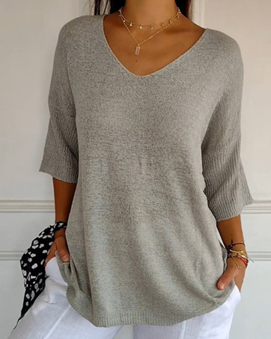 💖 Einfarbiges Strickoberteil Mit V-Ausschnitt