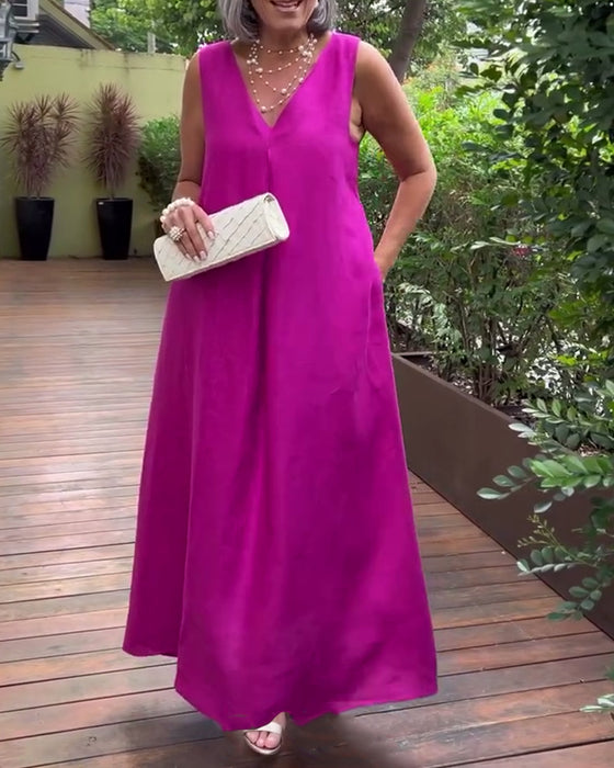 Kleid V-Ausschnitt Ärmellos Casual Lang