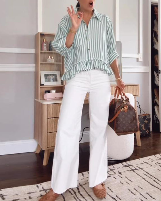 Bluse mit Revers gestreift mit Rüschen