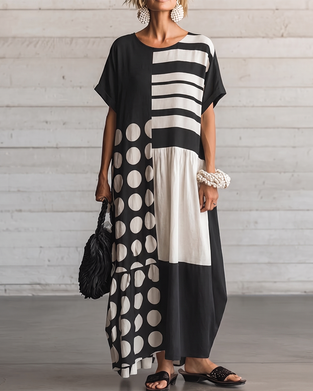 Kleid Rundhals Kurzarm Tupfen Patchwork