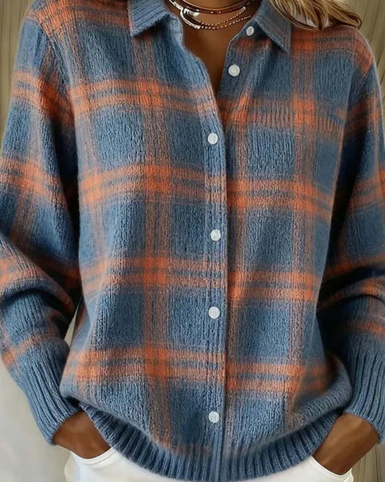 Strickjacke Karomuster Hemdkragen Geknöpft
