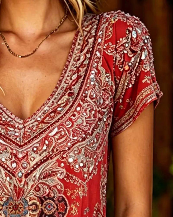T-Shirt Boho V-Ausschnitt Bedruckt Kurzarm