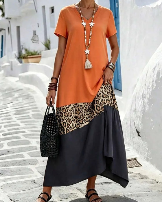Maxikleid V-Ausschnitt Farbblock Patchwork Leopard