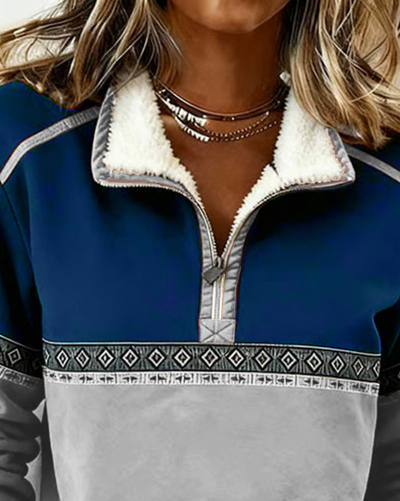 Retro-Sweatshirt mit Color-Blocking und Pelzkragen