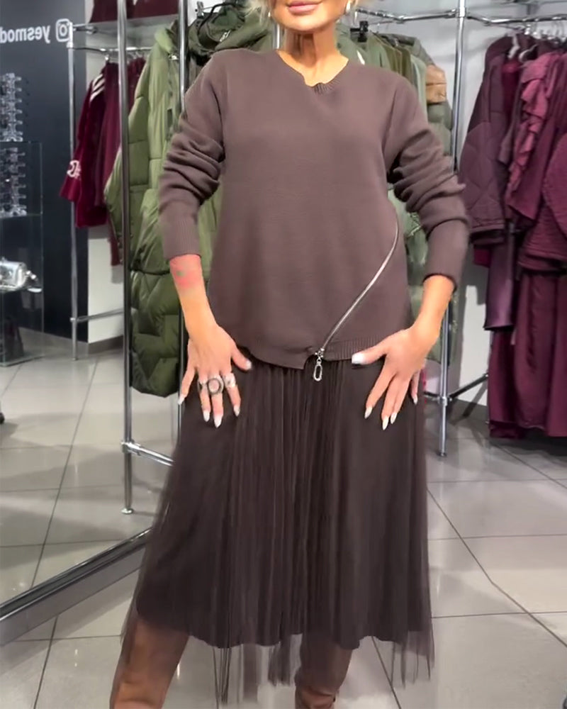 Stylisches Set Mit Rundhalspullover Und Reißverschlussdetail