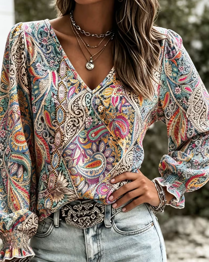 Bluse V-Ausschnitt Bohemian Puffärmel