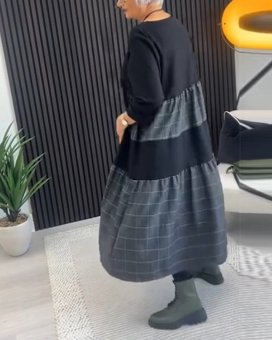 Lässiges kleid mit kariertem patchwork und tasche