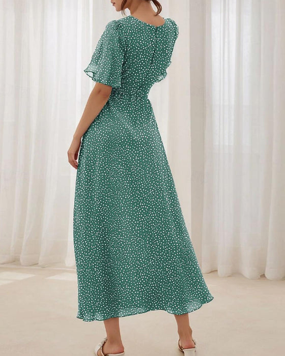Kleid V-Ausschnitt Rüschensaum Punkte