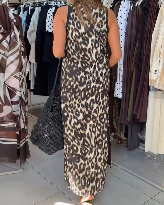 Kleid Rundhals Leopardenmuster Ärmellos Maxi