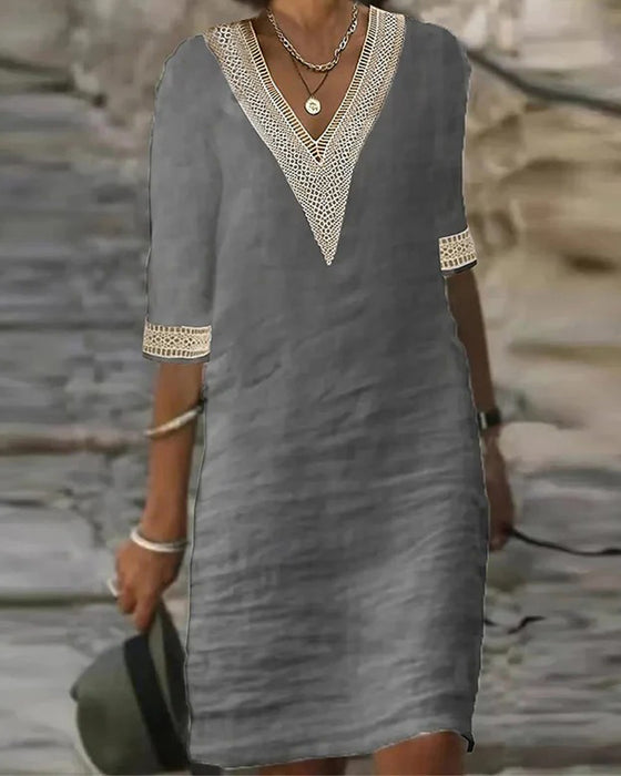 Kleid Dreiviertel Ärmel V-Ausschnitt Spitze Patchwork