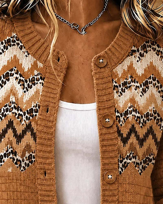 Strickjacke Geknöpft Leopard Wellig Streifen