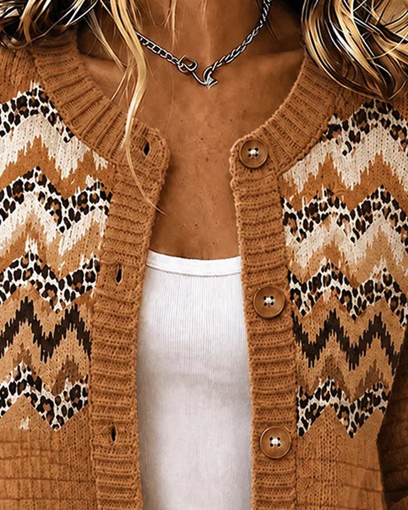 Strickjacke Geknöpft Leopard Wellig Streifen