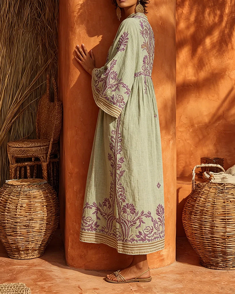Kleid V-Ausschnitt Ethno-Print Loose Fit
