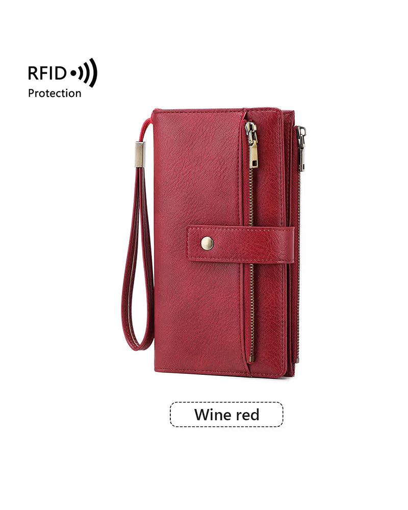 Damen-Langbörse, stilvolle Clutch, elegante einfarbige Lederbörse mit RFID-Schutz👛