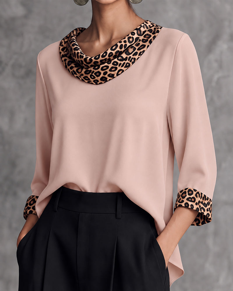 Bluse Leopard Panel Cowl Neck Ellenbogenlang Ärmel