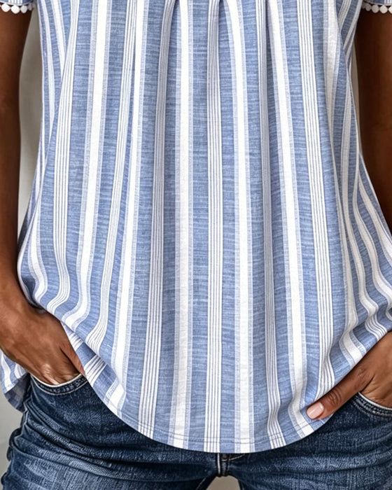 Bluse Gestreift Eckiger Ausschnitt Kurzarm