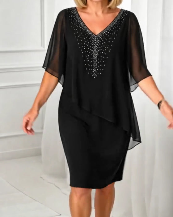 Kleid Lässig V-Ausschnitt Rhinestone