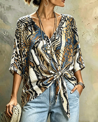 Oberteil Tiermuster Patchwork V-Ausschnitt Bandage