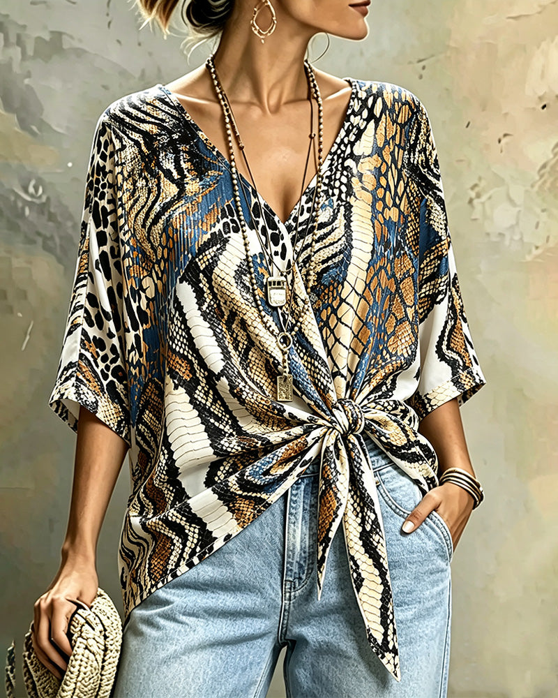 Oberteil Tiermuster Patchwork V-Ausschnitt Bandage