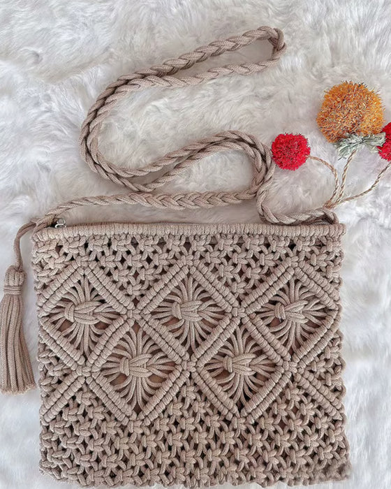 🏆Blitzangebot⚡Minimalistische Quasten Damenclutch – Retro Tasche aus Baumwollseil Geflochten Boho Strandtasche für den Sommerurlaub