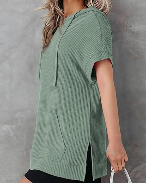 T-Shirt mit Kapuze Schlitz-Tasche Rundhalsausschnitt