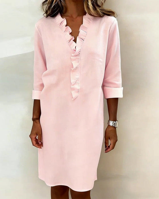 Kleid gerüscht V-Ausschnitt einfarbig