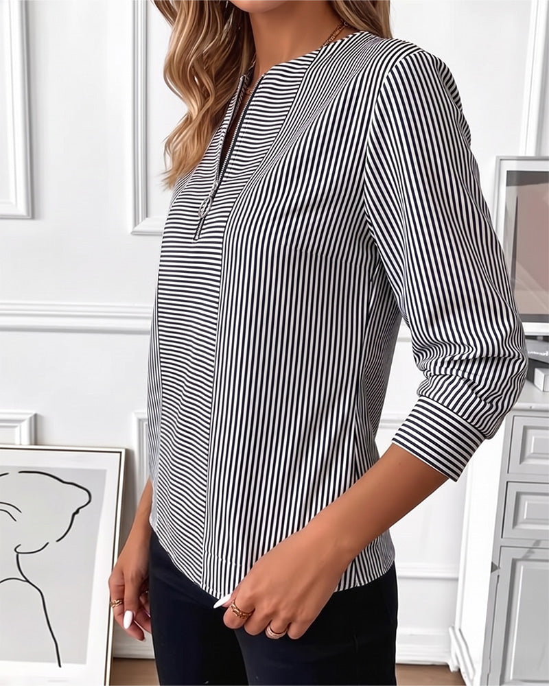 Bluse Gestreift Patchwork Reißverschluss Hoch