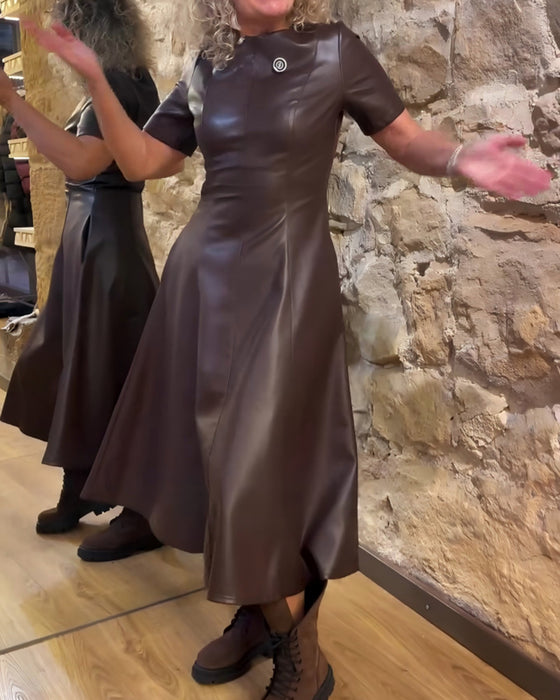 Kleid Pu Leder Tailliert Kurzärmlig