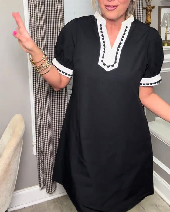 Kleid Blase Ärmel Farbblock V-Ausschnitt