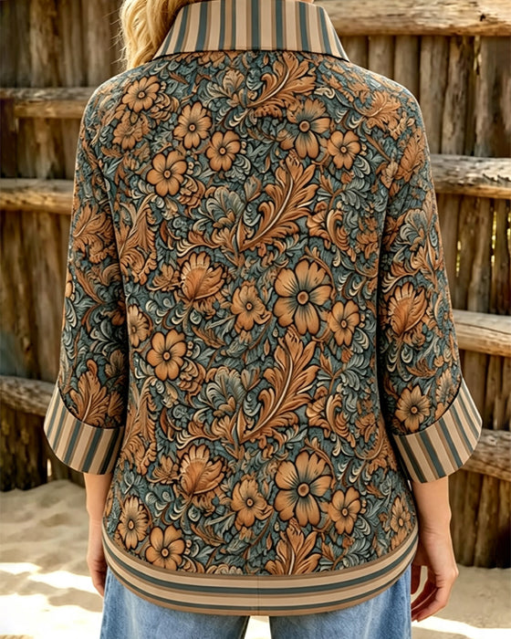 Bluse Revers Lässig Blumen Knopf