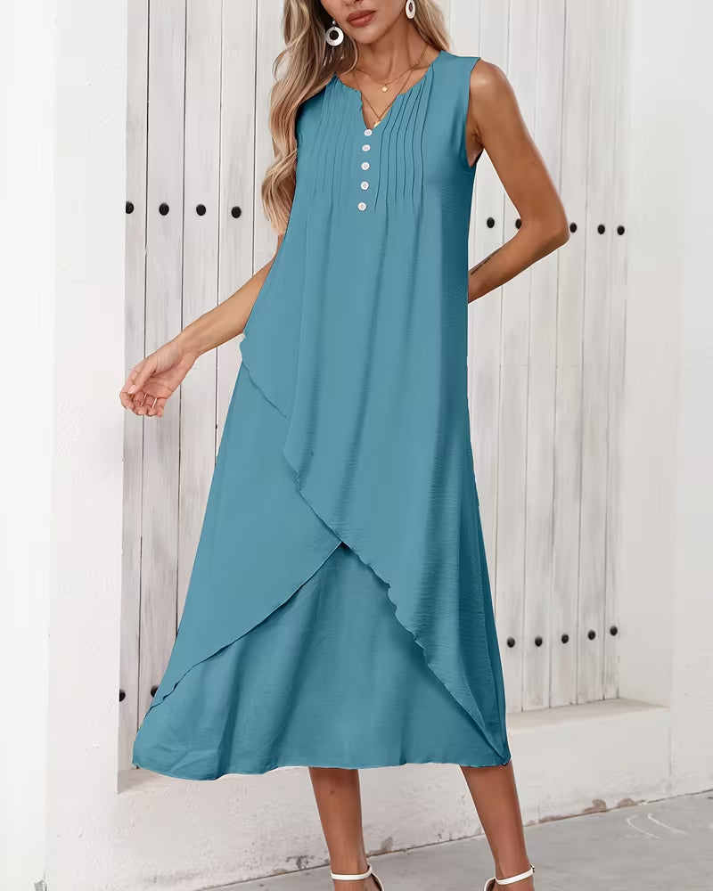 Kleid Gepresst Gekräuselt Unregelmäßiger Saum Ärmellos