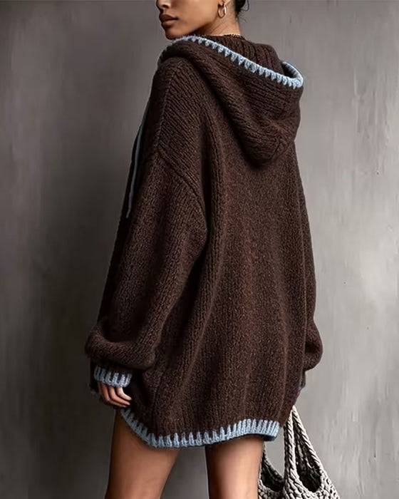 Strickkleid Kontrast Kordelzug Kapuze
