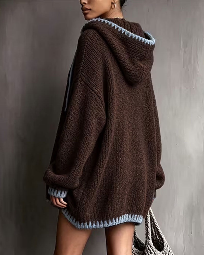 Strickkleid Kontrast Kordelzug Kapuze