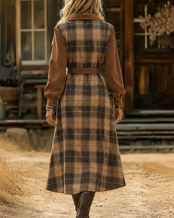 Kleid Patchwork Karo Gürtel Hemd