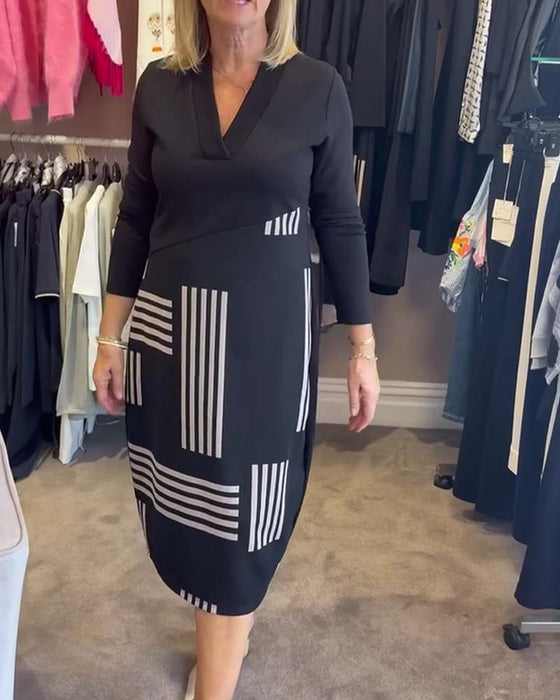 Kleid Geometrischer Streifen V-Ausschnitt Bodycon Midi