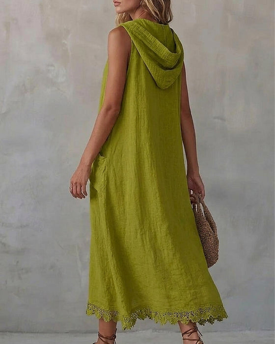 Kleid Kapuzen Ärmellos Spitze Patchwork