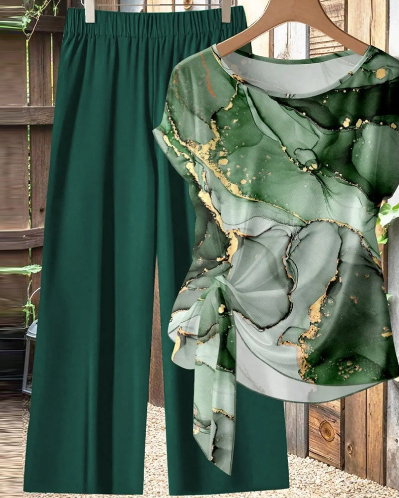 Set Knoten Bluse Print Weites Bein Hose